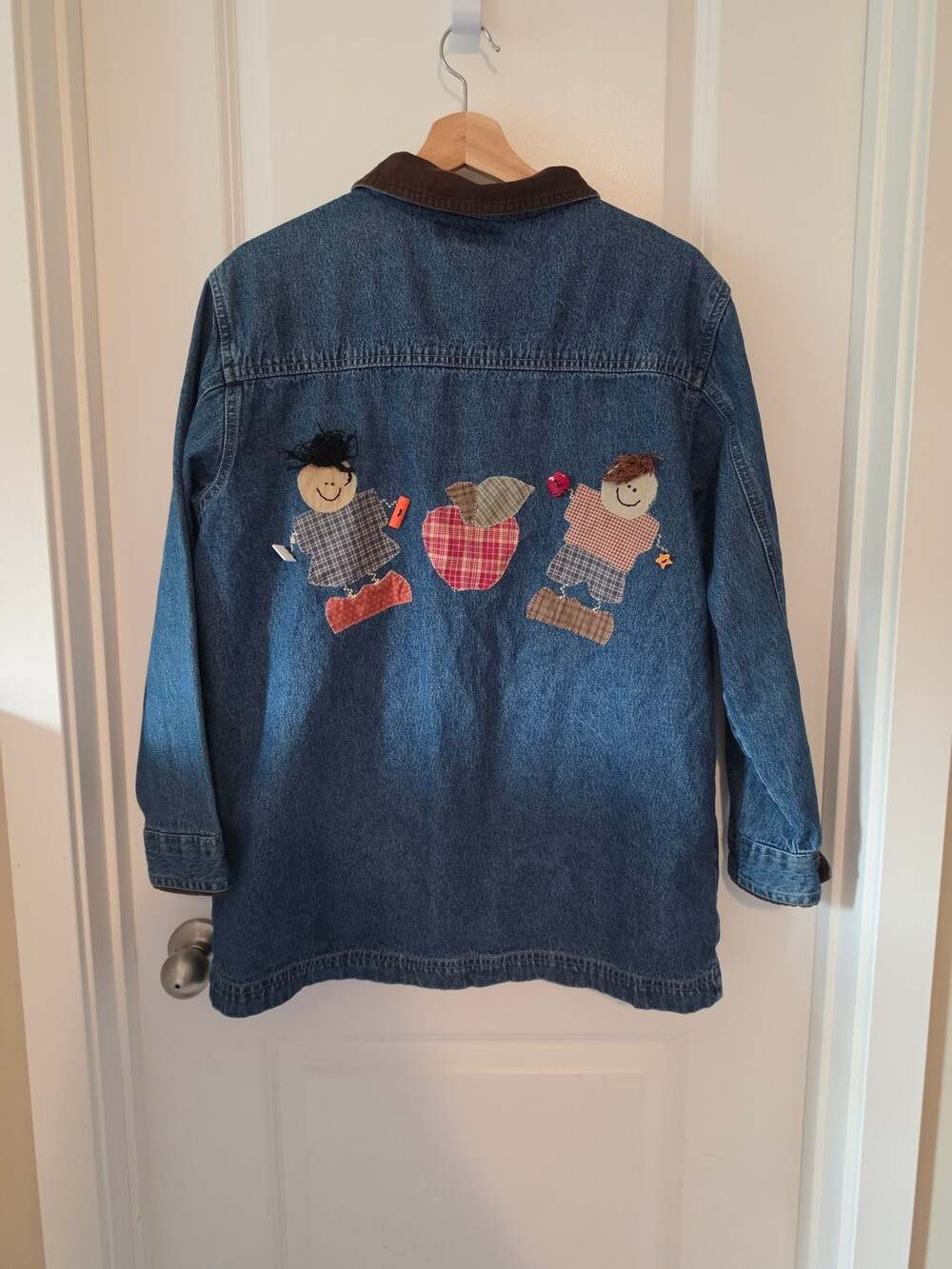 Cabin Creek Denim Jacket Medium Teacher School Applique Scarecrow Fall Patchwork - Picture 4 of 10